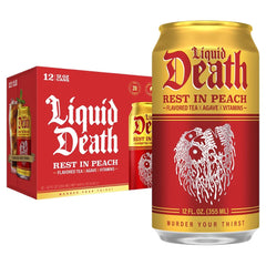Liquid Death Iced Tea - Rest In Peach (Peach-Flavored Black Tea), Less Sugar*, Boost of Caffeine, B Vitamins, No Artificial Sweeteners, 12 Fl Oz (Pack of 12)