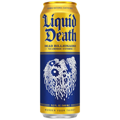 Liquid Death Iced Tea - Dead Billionaire (Black Tea/Lemonade), Less Sugar*, Boost of Caffeine, B Vitamins, No Artificial Sweeteners, King Size 19.2 Fl Oz (Pack of 12)