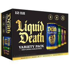 Liquid Death Soda-Flavored Sparkling Water - Classic Variety, Less Sugar*, Huge Flavor, No Caffeine, No Artificial Sweeteners, 4 Flavors: Lime, Doctor Death, Cola, Root Beer, 12 Fl Oz (Pack of 12)