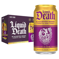 Liquid Death Iced Tea - Slaughter Berry (Raspberry-Flavored Black Tea), Less Sugar*, Boost of Caffeine, B Vitamins, No Artificial Sweeteners, 12 Fl Oz (Pack of 12)