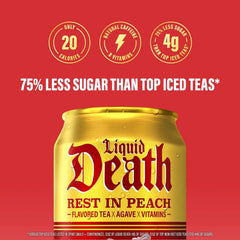 Liquid Death Iced Tea - Rest In Peach (Peach-Flavored Black Tea), Less Sugar*, Boost of Caffeine, B Vitamins, No Artificial Sweeteners, 12 Fl Oz (Pack of 12)