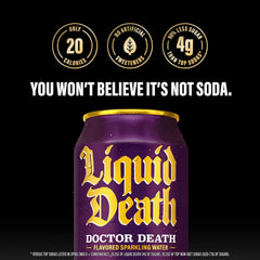 Liquid Death Soda-Flavored Sparkling Water - Doctor Death (Cherry, Cream, Spice), Less Sugar*, Huge Flavor, No Caffeine, No Artificial Sweeteners, King Size 19.2 Fl Oz (Pack of 12)