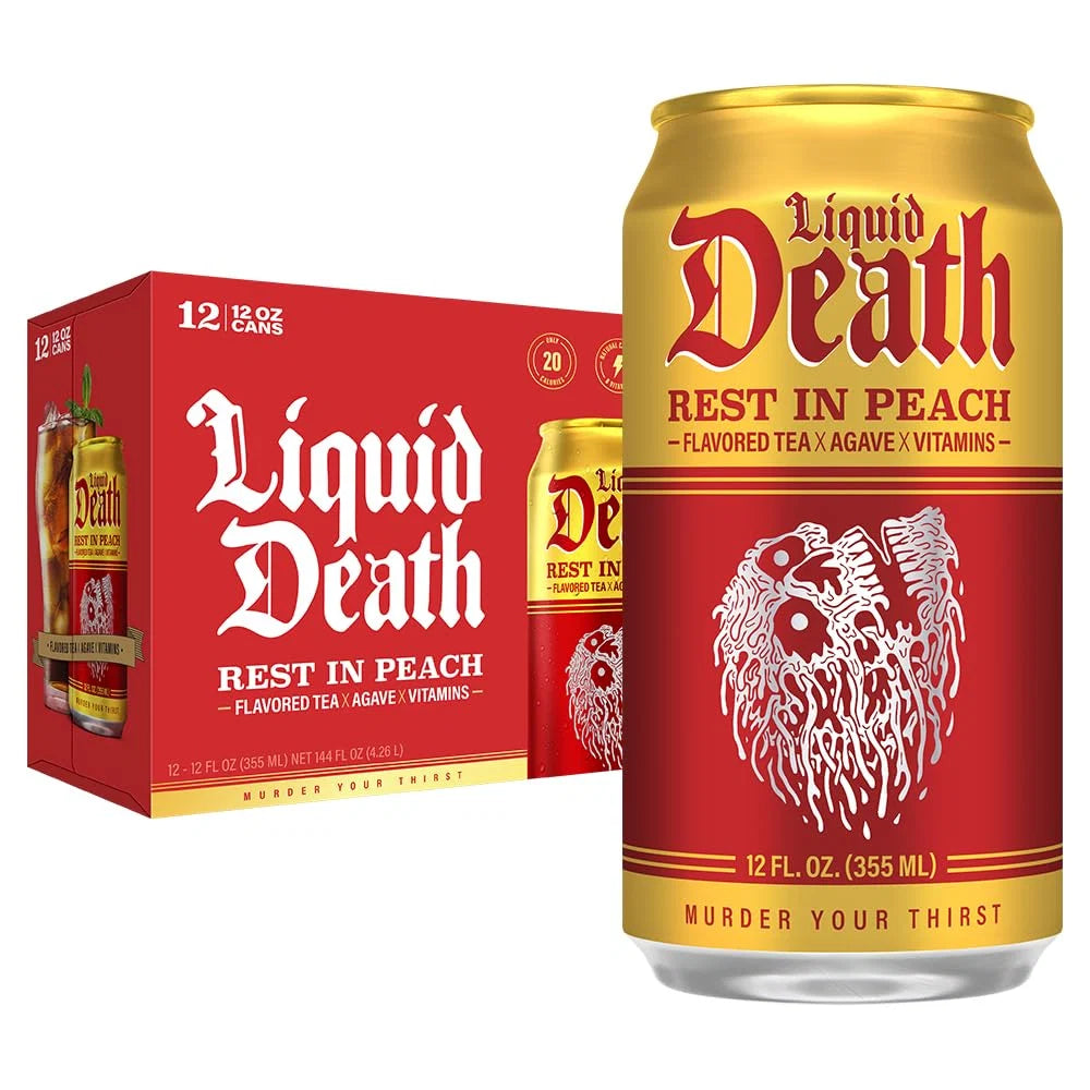 Liquid Death Iced Tea - Rest In Peach (Peach-Flavored Black Tea), Less Sugar*, Boost of Caffeine, B Vitamins, No Artificial Sweeteners, 12 Fl Oz (Pack of 12)