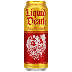 Liquid Death Iced Tea - Rest In Peach (Peach-Flavored Black Tea), Less Sugar*, Boost of Caffeine, B Vitamins, No Artificial Sweeteners, King Size 19.2 Fl Oz (Pack of 12)