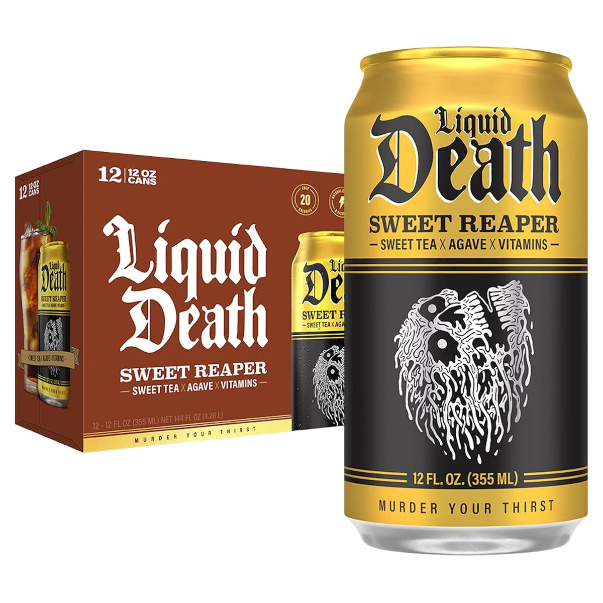 Liquid Death Iced Tea - Sweet Reaper (Black Sweet Tea), Less Sugar*, Boost of Caffeine, B Vitamins, No Artificial Sweeteners, 12 Fl Oz (Pack of 12)
