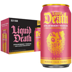 Liquid Death Soda-Flavored Sparkling Water - Strawberry Terror, Less Sugar*, Huge Flavor, No Caffeine, No Artificial Sweeteners, 12 Fl Oz (Pack of 12)