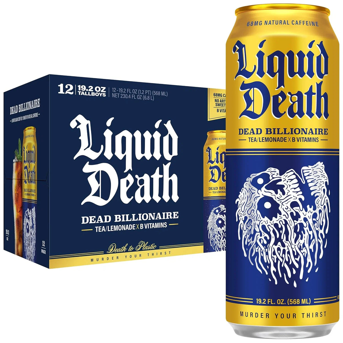 Liquid Death Iced Tea - Dead Billionaire (Black Tea/Lemonade), Less Sugar*, Boost of Caffeine, B Vitamins, No Artificial Sweeteners, King Size 19.2 Fl Oz (Pack of 12)