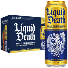 Liquid Death Iced Tea - Dead Billionaire (Black Tea/Lemonade), Less Sugar*, Boost of Caffeine, B Vitamins, No Artificial Sweeteners, King Size 19.2 Fl Oz (Pack of 12)