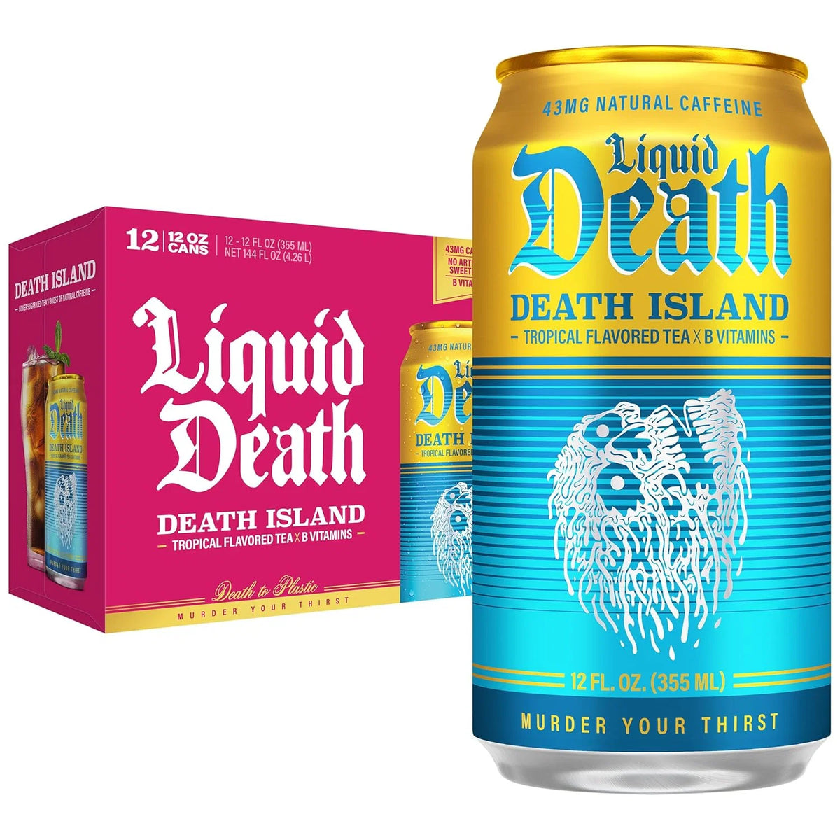Liquid Death Iced Tea - Death Island (Tropical-Flavored Black Tea), Less Sugar*, Boost of Caffeine, B Vitamins, No Artificial Sweeteners, 12 Fl Oz (Pack of 12)