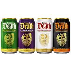 Liquid Death Soda-Flavored Sparkling Water - Fan Favorites Variety, Less Sugar*, Huge Flavor, No Caffeine, No Artificial Sweeteners, 4 Flavors: Lime, Doctor Death, Cherry, and Orange, 12 Fl Oz (Pack of 12)