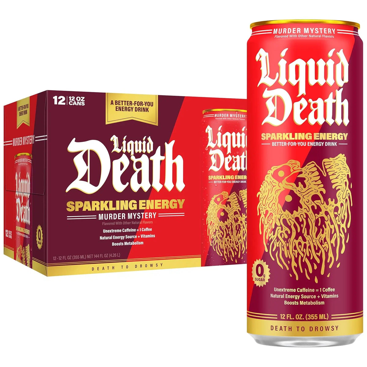 Liquid Death Sparkling Energy - Murder Mystery (Cherry, Cream, Spice), Zero Sugar Energy Drink, Unextreme Caffeine 100mg, Essential Vitamins, 12 Fl Oz (Pack of 12)