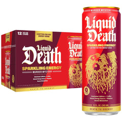 Liquid Death Sparkling Energy - Murder Mystery (Cherry, Cream, Spice), Zero Sugar Energy Drink, Unextreme Caffeine 100mg, Essential Vitamins, 12 Fl Oz (Pack of 12)