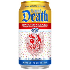 Liquid Death Iced Tea, Pop-Tarts™ Carnage (Pop-Tarts® Frosted Strawberry Toaster Pastry Flavored Black Tea), Less Sugar*, Boost of Caffeine, B Vitamins, No Artificial Sweeteners, 12 Fl Oz (Pack of 12)