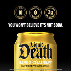 Liquid Death Soda-Flavored Sparkling Water - Mango Chainsaw (Mango Orange), Less Sugar*, Huge Flavor, No Caffeine, No Artificial Sweeteners, 12 Fl Oz (Pack of 12)