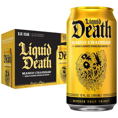 Liquid Death Soda-Flavored Sparkling Water - Mango Chainsaw (Mango Orange), Less Sugar*, Huge Flavor, No Caffeine, No Artificial Sweeteners, 12 Fl Oz (Pack of 12)