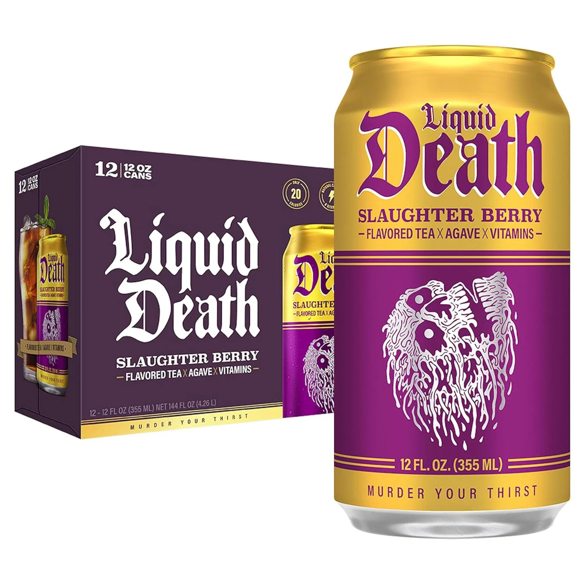 Liquid Death Iced Tea - Slaughter Berry (Raspberry-Flavored Black Tea), Less Sugar*, Boost of Caffeine, B Vitamins, No Artificial Sweeteners, 12 Fl Oz (Pack of 12)
