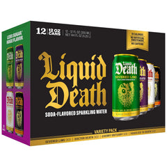 Liquid Death Soda-Flavored Sparkling Water - Fan Favorites Variety, Less Sugar*, Huge Flavor, No Caffeine, No Artificial Sweeteners, 4 Flavors: Lime, Doctor Death, Cherry, and Orange, 12 Fl Oz (Pack of 12)