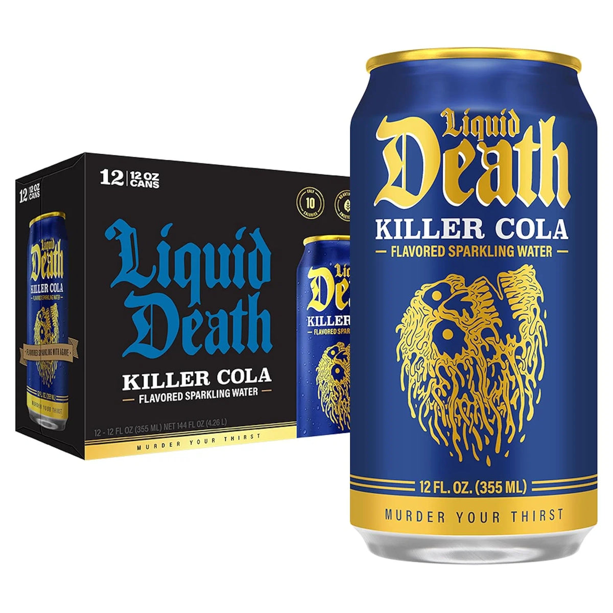 Liquid Death Soda-Flavored Sparkling Water - Killer Cola, Less Sugar*, Huge Flavor, No Caffeine, No Artificial Sweeteners, 12 Fl Oz (Pack of 12)