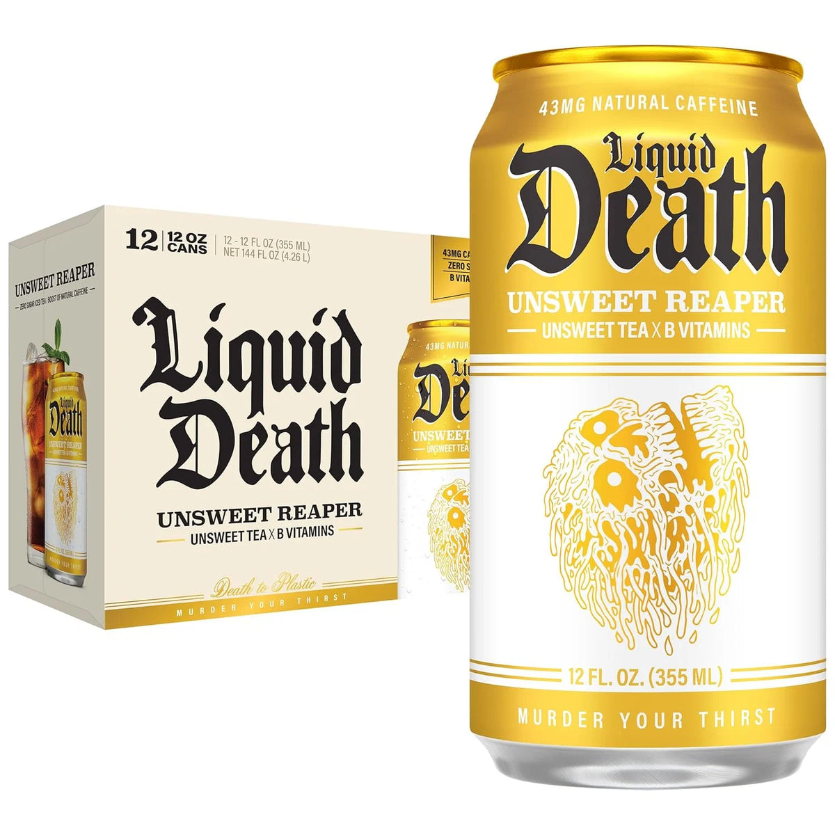 Liquid Death Iced Tea - Unsweet Reaper, Less Sugar*, Boost of Caffeine, B Vitamins, No Artificial Sweeteners, 12 Fl Oz (Pack of 12)