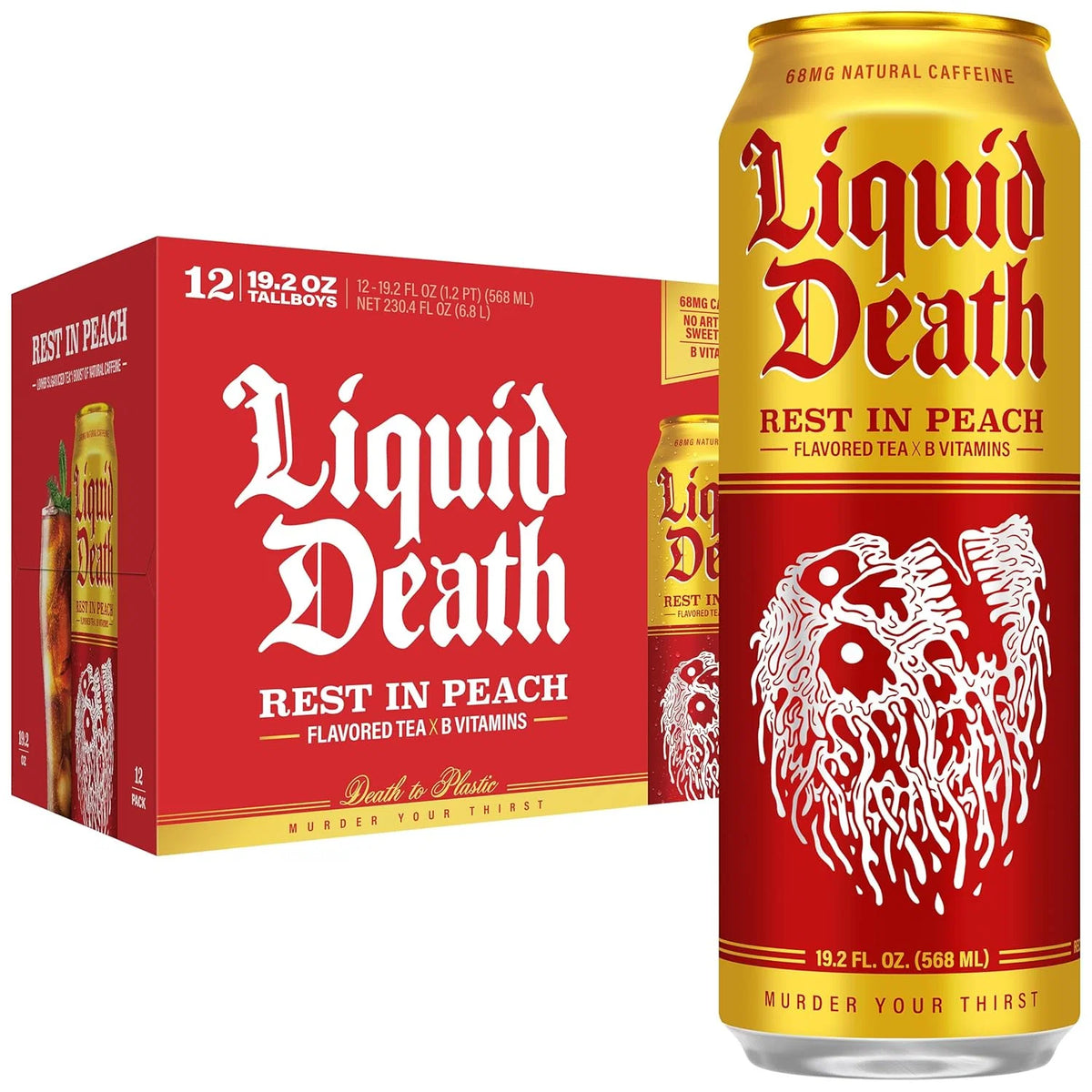 Liquid Death Iced Tea - Rest In Peach (Peach-Flavored Black Tea), Less Sugar*, Boost of Caffeine, B Vitamins, No Artificial Sweeteners, King Size 19.2 Fl Oz (Pack of 12)