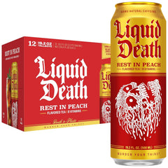 Liquid Death Iced Tea - Rest In Peach (Peach-Flavored Black Tea), Less Sugar*, Boost of Caffeine, B Vitamins, No Artificial Sweeteners, King Size 19.2 Fl Oz (Pack of 12)