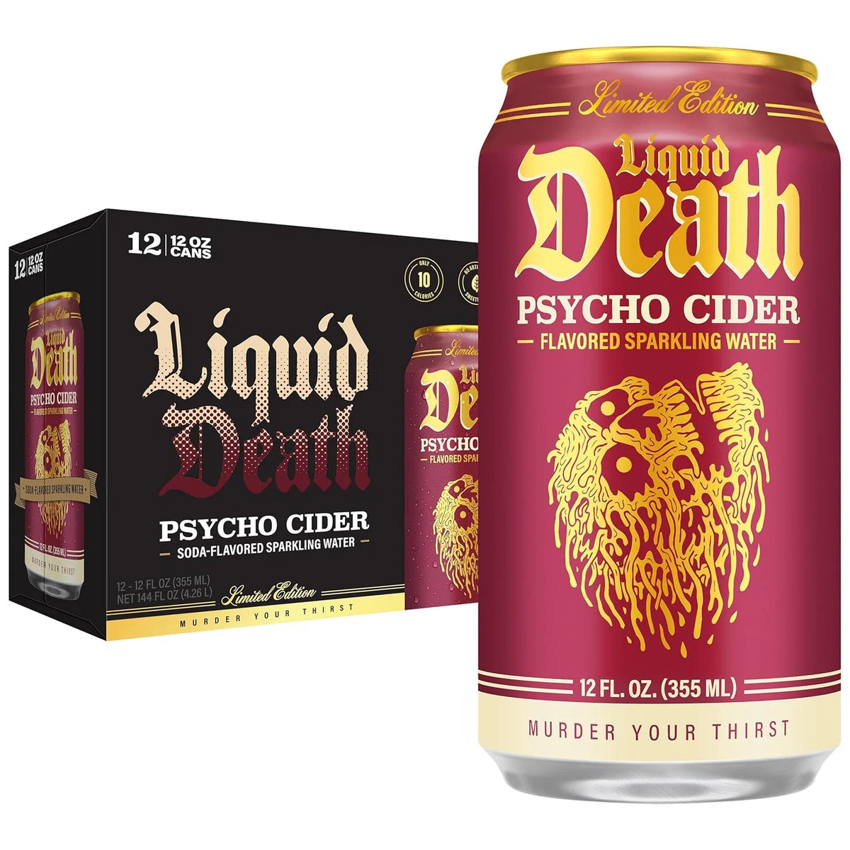 Liquid Death Soda-Flavored Sparkling Water - Psycho Cider (Apple Cinnamon), Less Sugar*, Huge Flavor, No Caffeine, No Artificial Sweeteners, 12 Fl Oz (Pack of 12)