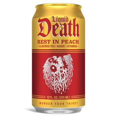 Liquid Death Iced Tea - Rest In Peach (Peach-Flavored Black Tea), Less Sugar*, Boost of Caffeine, B Vitamins, No Artificial Sweeteners, 12 Fl Oz (Pack of 12)