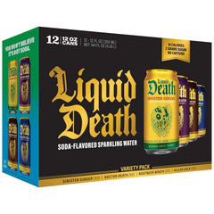 Liquid Death Soda-Flavored Sparkling Water - Classic Variety 2, Less Sugar*, Huge Flavor, No Artificial Sweeteners, 4 Flavors: Sinister Ginger, Doctor Death, Cola, Root Beer, 12 Fl Oz (Pack of 12)