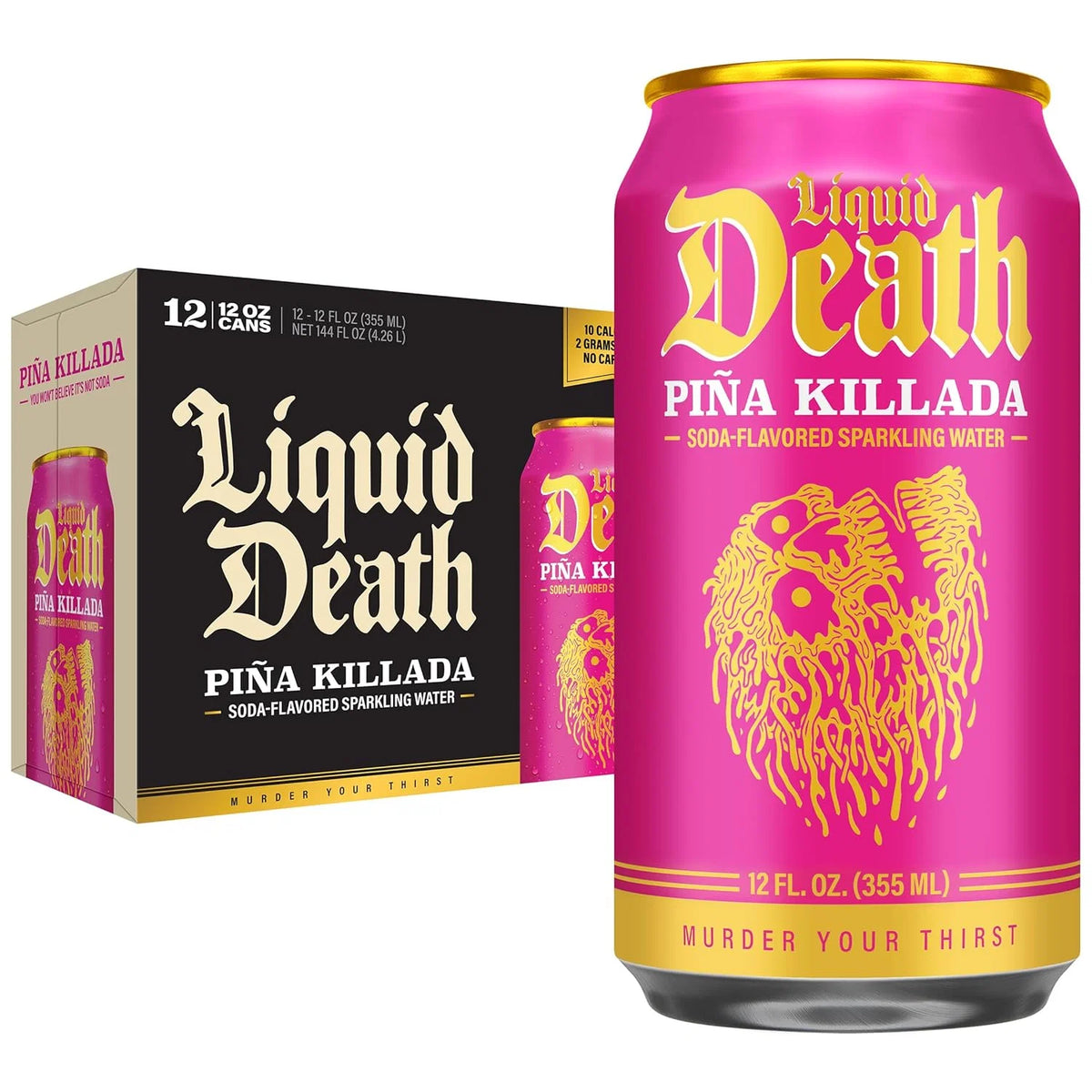 Liquid Death Soda-Flavored Sparkling Water - Piña Killada (Classic Piña Colada), Less Sugar*, Huge Flavor, No Caffeine, No Artificial Sweeteners, 12 Fl Oz (Pack of 12)