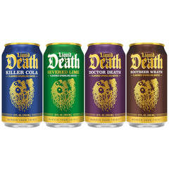 Liquid Death Soda-Flavored Sparkling Water - Classic Variety, Less Sugar*, Huge Flavor, No Caffeine, No Artificial Sweeteners, 4 Flavors: Lime, Doctor Death, Cola, Root Beer, 12 Fl Oz (Pack of 12)