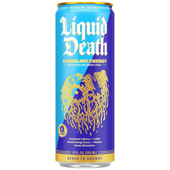 Liquid Death Sparkling Energy - Tropical Terror (Classic Piña Colada), Zero Sugar Energy Drink, Unextreme Caffeine 100mg, Essential Vitamins, 12 Fl Oz (Pack of 12)