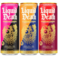 Liquid Death Sparkling Energy Variety Pack, Zero Sugar Energy Drink, Unextreme Caffeine 100mg, Essential Vitamins, 3 Flavors: Strawberry, Orange, and Murder Mystery, 12 Fl Oz (Pack of 12)